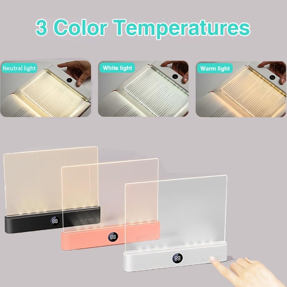 Flat Book Light, Rechargeable Clear LED Smart Reading Light with Timer, Dimmable Full Page Panel Plate Lamp, Eye Protection, Portable Flat Reading Light for Bedside, Travel, Study，private reading light for bed，rechargeable flat panel reading lamp