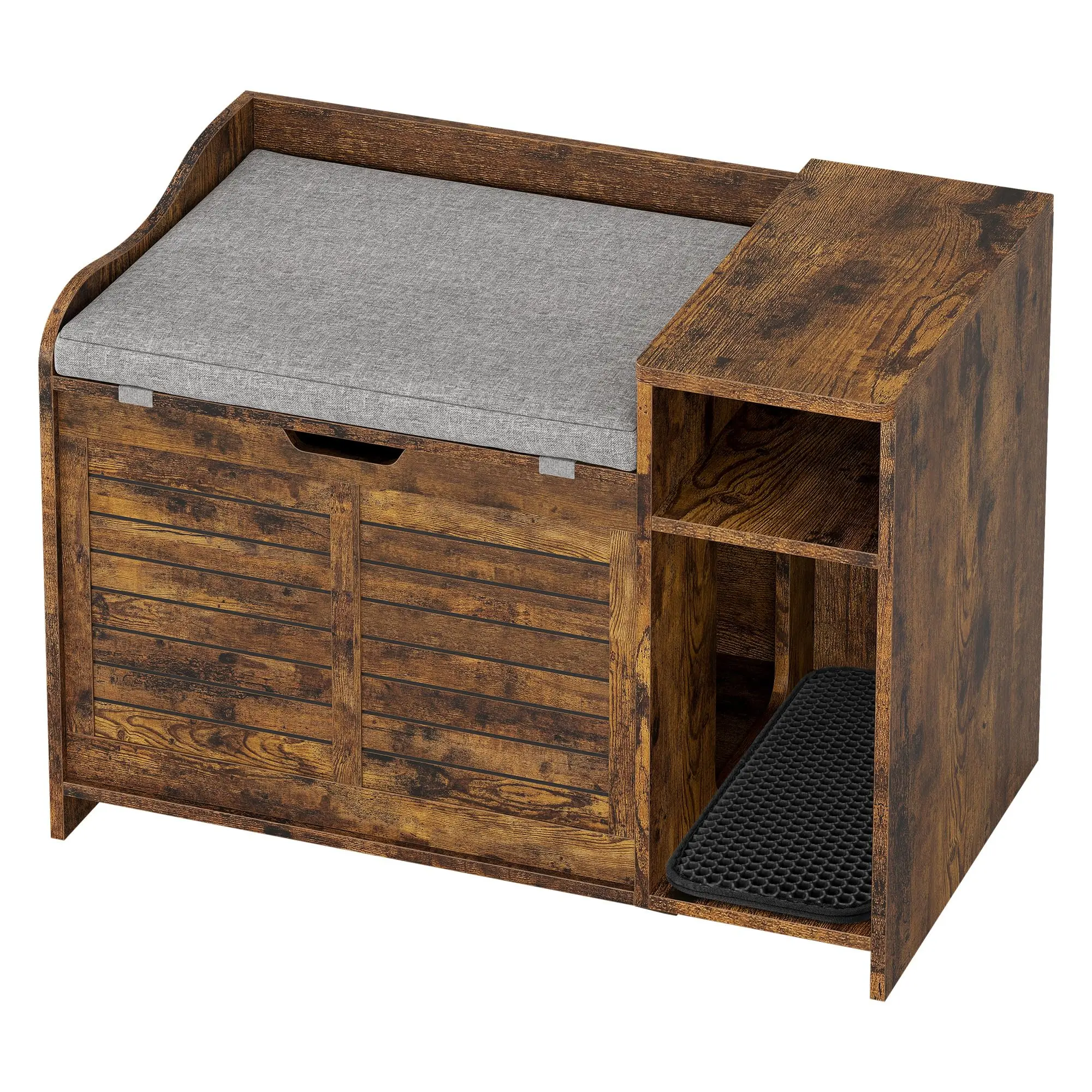Retro Farmhouse Wooden Litter Box Enclosure - Top Opening, Scratching Mat, Cushion, Hidden Privacy Washroom, Stylish Indoor Furniture, Storage Locker, Durable Build, Ergonomic Design, Easy Assembly, 11 lbs, 33.8" L x 19.6" D x 24.2" H for Hallway, Bedroom