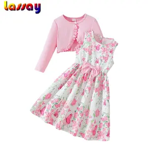 Kid Girl Dress Set Floral Butterfly Print Sleeveless Round Neck A Line Dress with Long Sleeve Cardigan