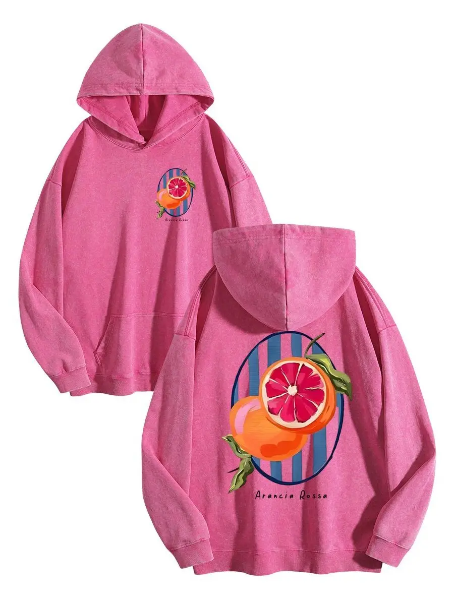 Holafish Women's Acid Wash Hoodie, Dual-Side Red Blood Orange Arancia Rossa Fruit Striped Oval Graphic Essential Vintage 2026 Hoodie Oversized Loose Fit Winter Warm Streetwear Casual Tunic