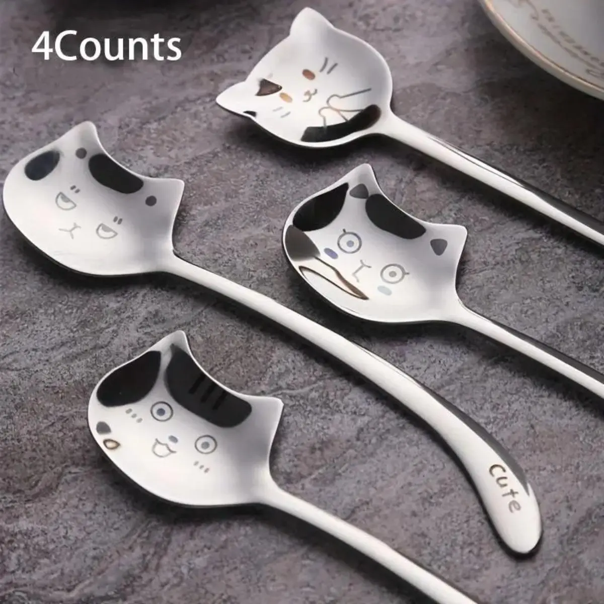 4-Count Cat Design Stainless Steel Long-Handle Coffee Spoons Cutlery Set, Tableware 4-Count Cat Design Stainless Steel Long-Handle Coffee Spoons Cutlery Set, Tableware