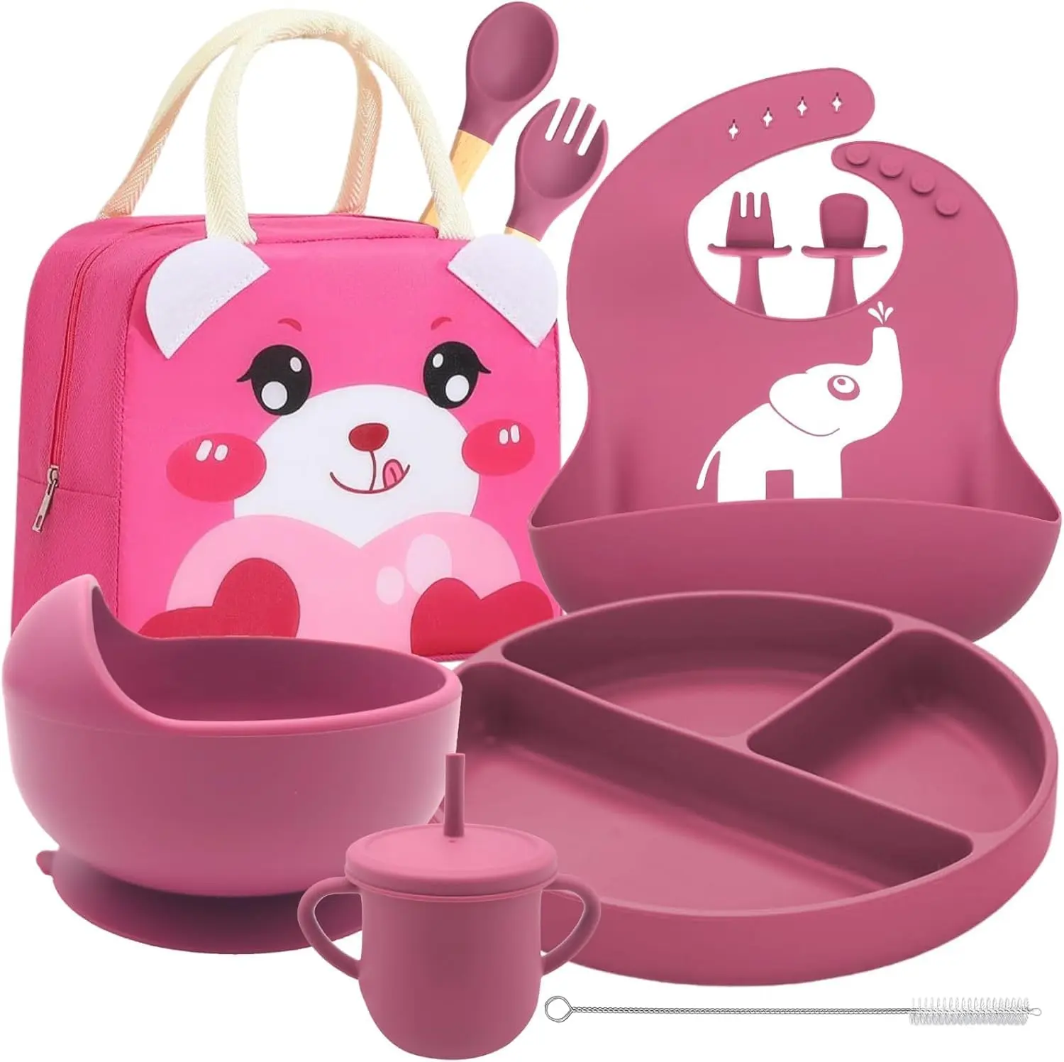 Silicone Baby Feeding Set ,Baby Led Weaning Supplies, Baby Spoons Suction Bowl Divided Plate Bib Cup Finger Brush,First Stage Solid Food Eating Utensils - 6+ Months(Deep Red Bpa Free Trays