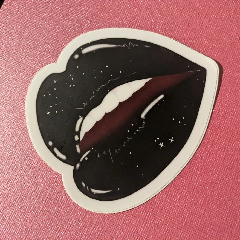 Black Lips Stickers - Black Background with Starry Elements & Red Stick Detail - 4X4 Size - Ideal for Personalizing Laptops, Notebooks, and More