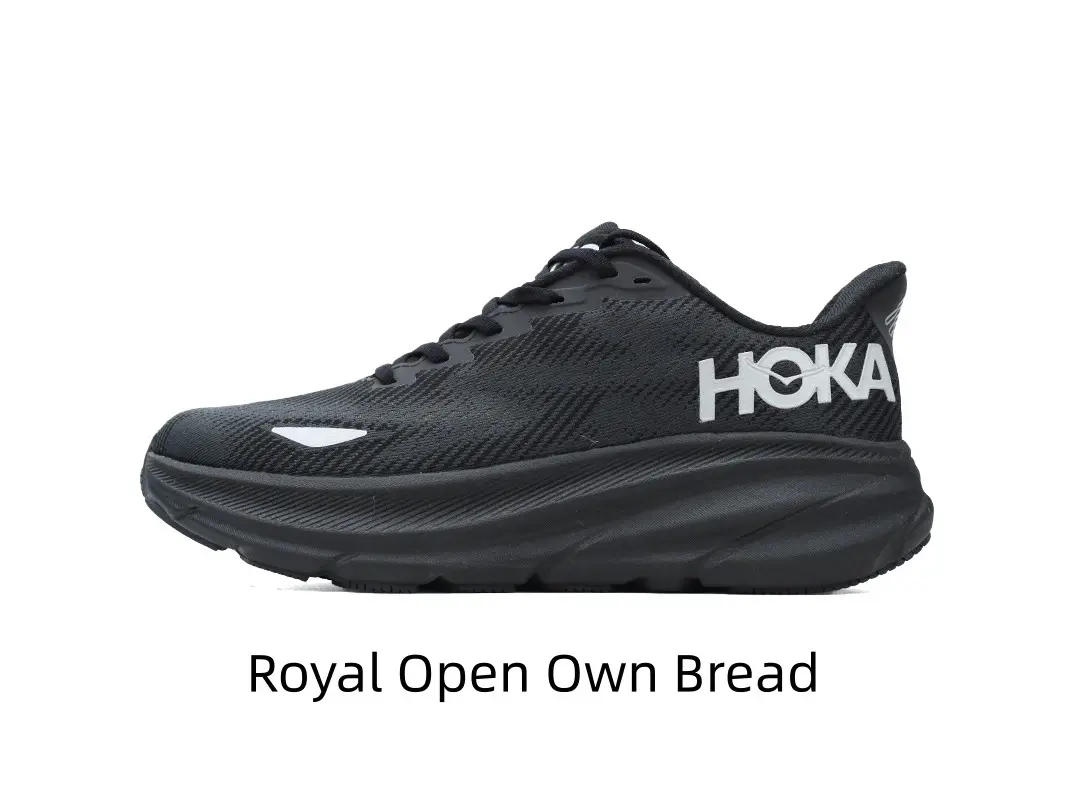 All black rocker cushion road running sneakers with breathable mesh upper, shock-absorbing black foam midsole, anti-slip rubber outsole for marathon training, long walks & unisex daily casual street outfits