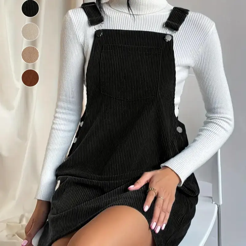 Women's Fall & Winter Vintage Chic Style Literary Corduroy Strappy Strap Dress, A-Line Fitted Casual Plain Shoulder Strap Clothing