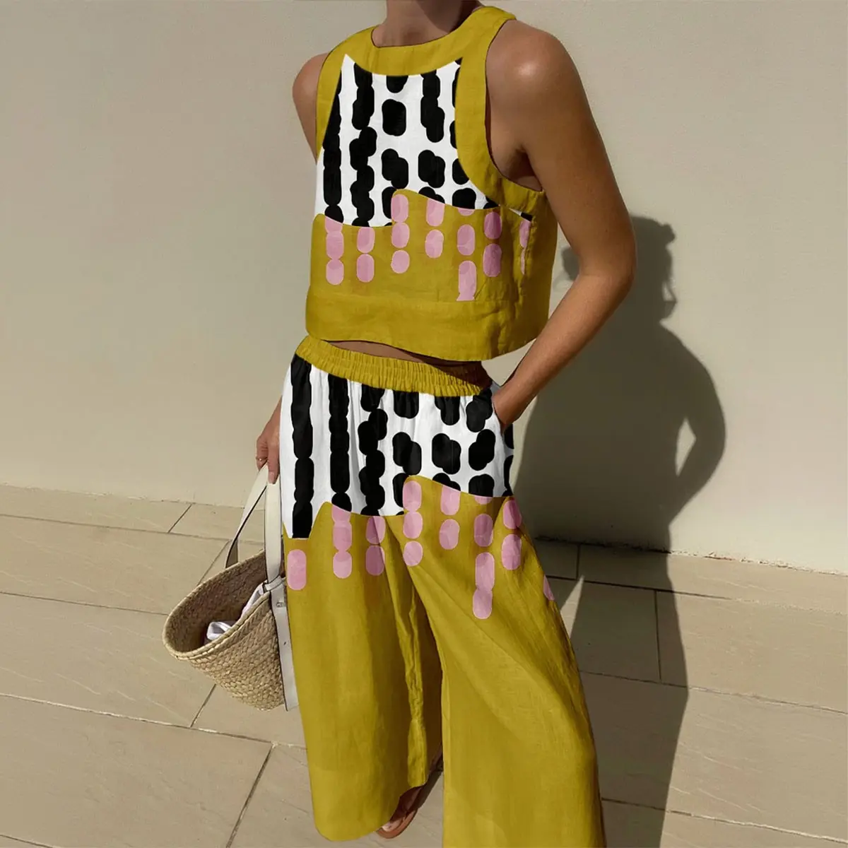 Geometric print sleeveless two-piece set perfect for summer vacations. Vibrant color blocking, breathable and with a nice drape. Sizes S-5XL