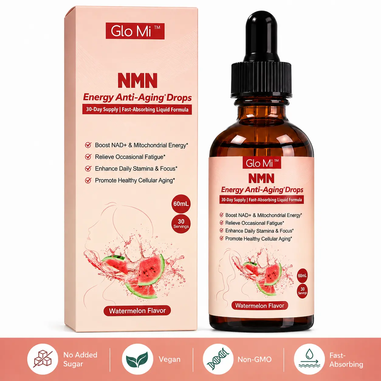 Watermelon Flavor NMN Wellness Drop Supplement, 500mg NMN with AKG, TMG & CoQ10, Anti-Aging Daily Support, 30-Day Supply