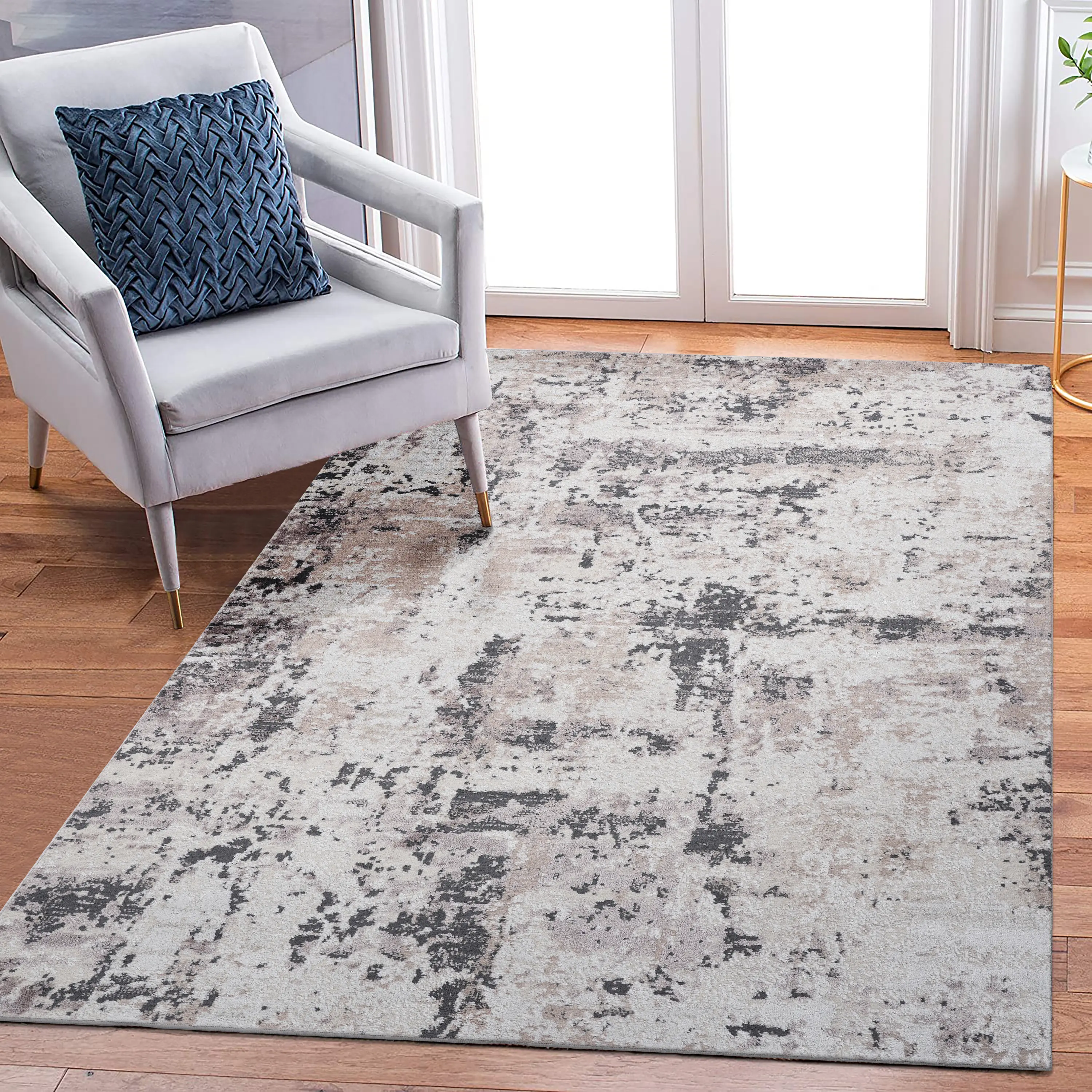 Cream-Brown Abstract Machine-Woven Synthetic Fiber 8x10 Indoor Single Rug, Non-Shedding, Stain-Resistant, Durable Stylish Home Improvement Flooring for Living Room, Bedroom