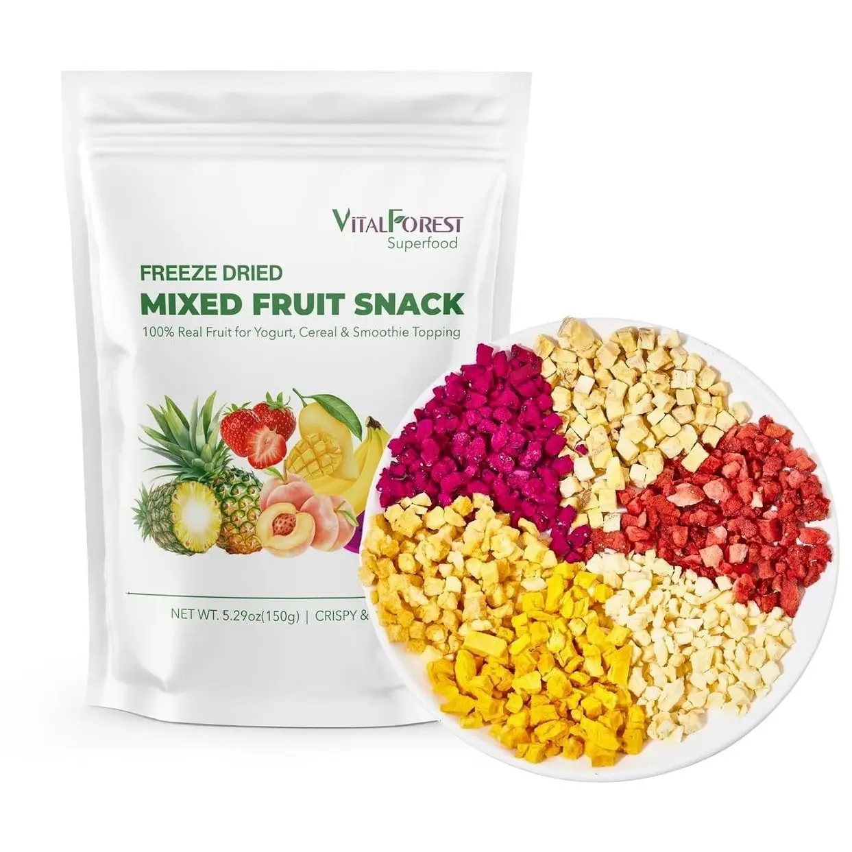 5.29oz Freeze Dried Mixed Fruits - 100% Real Crunchy Mixed Dehydrated Fruit Cubes with Strawberry, Dragon Fruit, Peach, Mango, Banana & Pineapple, Natural Healthy Dried Fruits Snacks, Yogurt & Cereal Topping