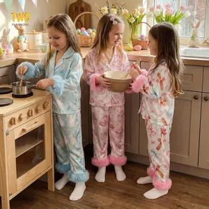 2 Pieces Kids Girls Easter Pajamas Set Satin Easter Eggs/rabbit Print Long Sleeve Feather Trim Botton Shirt Tops With Elastic Waist Long Pants Lounge Suit