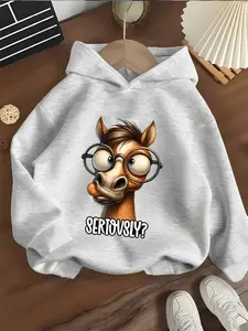 Girls' Hooded Sweatshirt with Funny Glasses Horse Print, Creative Fun Style, Fashion, Skin-Friendly Fabric, Casual Wear, Graphic Hoodies, Cute Animal Sweatshirt