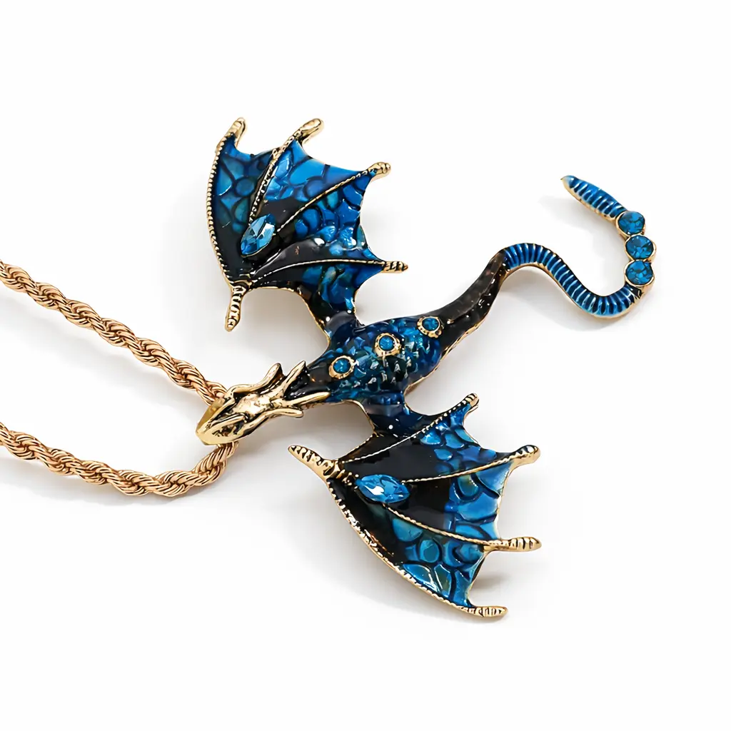 Flying Dragon Pendant Necklace – Enamel & Rhinestone Fantasy Jewelry, Statement Chain (Multiple Colors)
