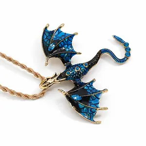 Flying Dragon Pendant Necklace – Enamel & Rhinestone Fantasy Jewelry, Statement Chain (Multiple Colors)