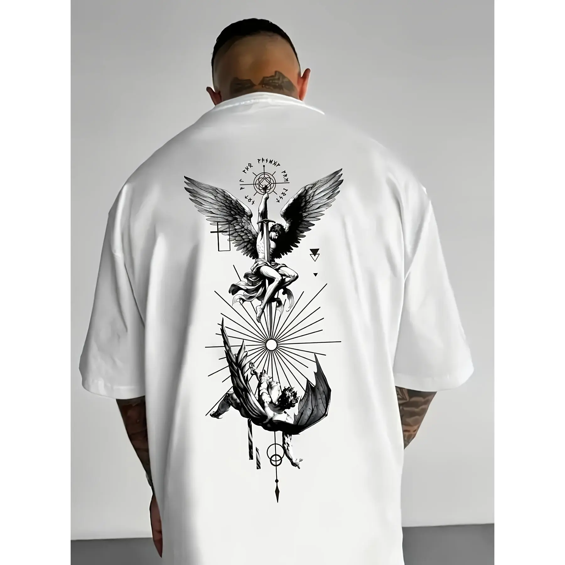 Men's Saint Michael vs Demon T-Shirt, Gothic Tattoo Art Print, Soft 100% Cotton Oversized Shortsleeve Menswear, Round Neck Streetwear Top, Tshirt, Classic, Heat Transfer, Casual, Fashion, Mens Clothing