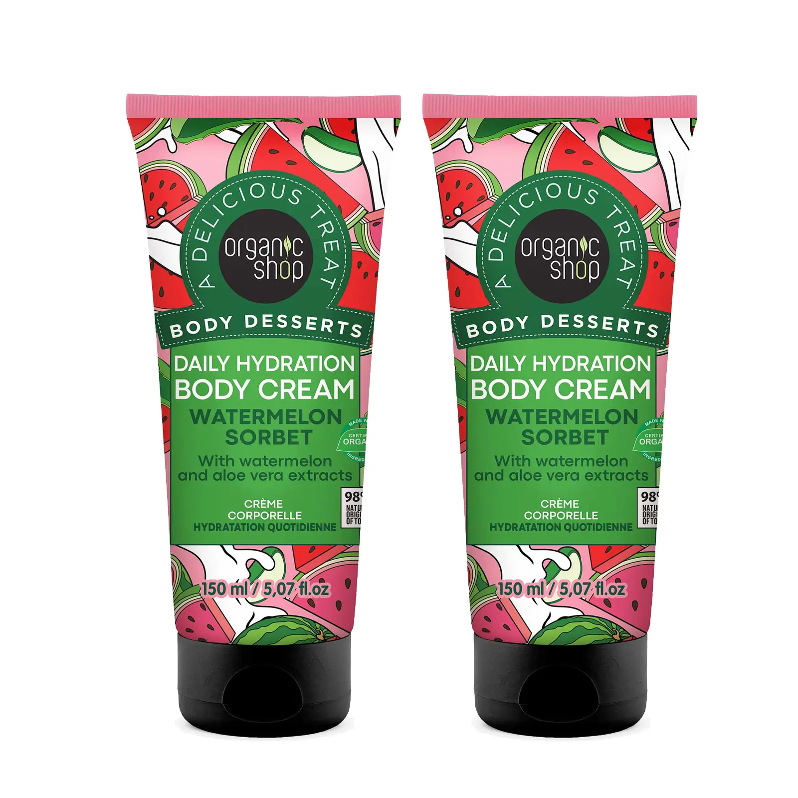 Organic Shop Watermelon & Aloe Vera Extract Deep Hydration Body Cream, 100% Vegan & Organic, Daily Moisturizer, Body, Face, Hand & Foot Natural Lotion, Intensive Care & Skin Hydration. 150ml. Pack of 2