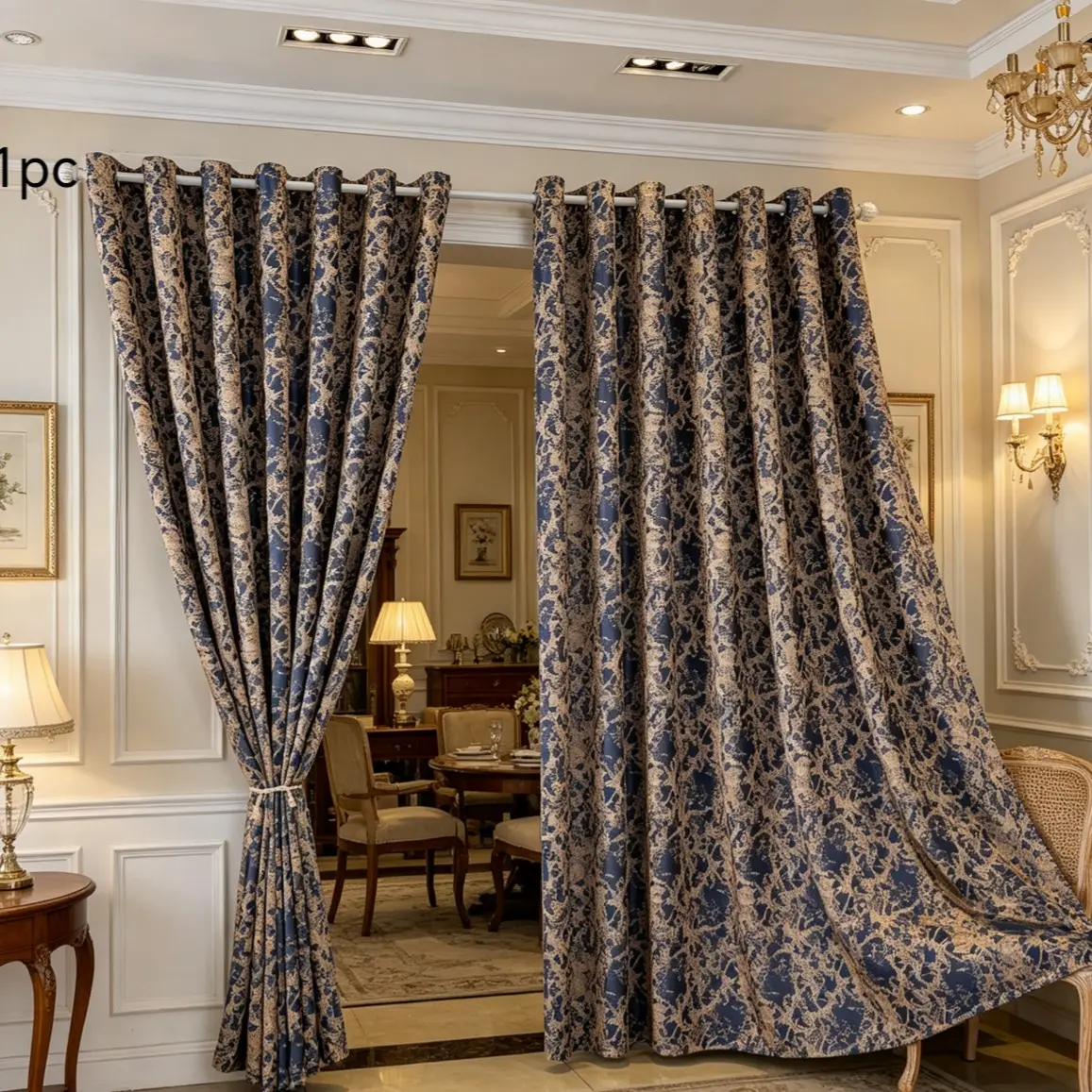 1-piece luxury blue and gold, yarn-dyed curtain, jacquard curtain, vintage European-style light-filtering curtain, blue and gold curtain, black curtain, living room curtain, bedroom curtain, dining room curtain, small window curtain, large window curtain