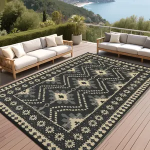 Outdoor Rug Waterproof Reversible Mat Vintage Diamond Camping Rugs Indoor Outdoor Rugs Carpet Large Area Rug Plastic Straw Rug for Patio Deck Balcony Pool RV Camping, Black and Coffee