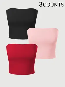 2026 Trending 3 Pack Strapless Crop Tops for Women Solid Color Tube Tops Casual Sleeveless Cropped Tube Tees Comfy Soft Stretch Streetwear for Summer Beach Party Club Daily Wear Multiple Colors Available Viral TikTok Must Have Fashion