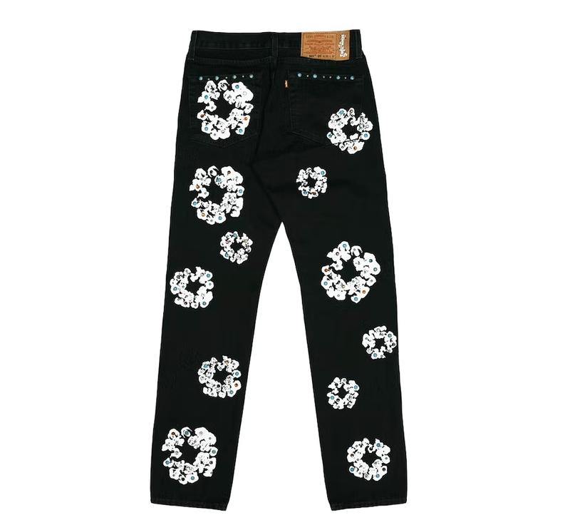 Denim Tears x Levi's 501 Rhinestone Cotton Wreath Logo Jeans Black White