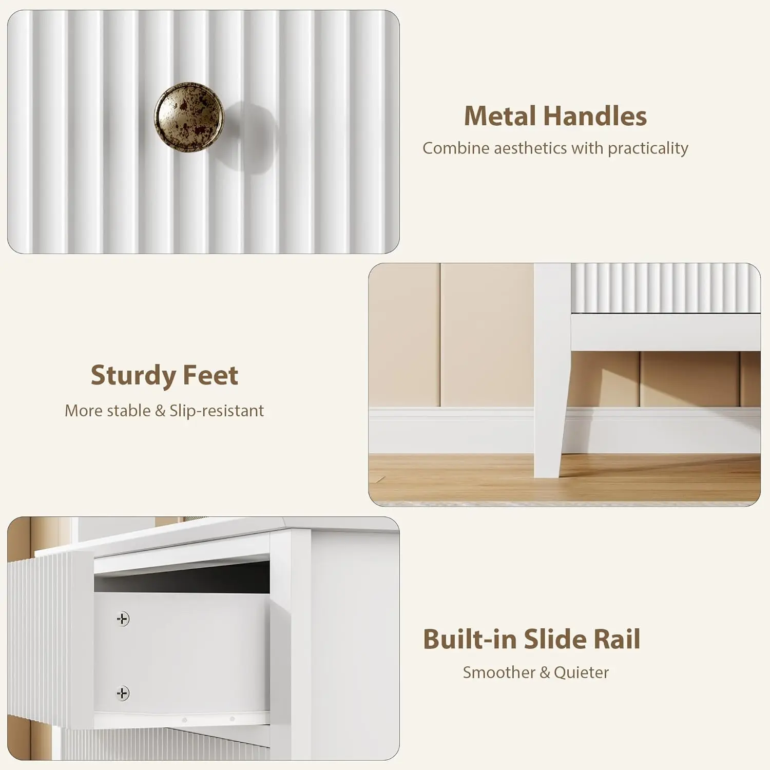 White Modern 3-Drawer Dresser - Sturdy MDF Wood Fluted Front, Waterproof, Metal Legs, Rounded Pulls, Fluted Waveform Top, 30 in Wide Credenza Cabinet for Bedroom Organization, Living Room Storage, Drawers Dresser