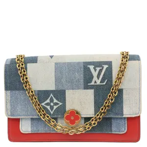 Pre-owned Louis Vuitton Denim Shoulder Bags Patchwork Flore Damier Monogram Chain Wallet Shoulder Bag Blue