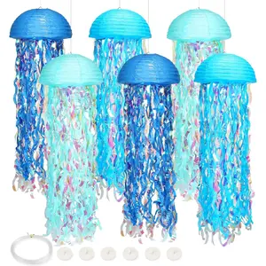 10in Hanging Jellyfish Paper Lanterns with Hooks and Rope Under The Sea Party Decorations for Mermaid Birthday Baby Shower Ocean Themed Party Classroom Beach Room Decor