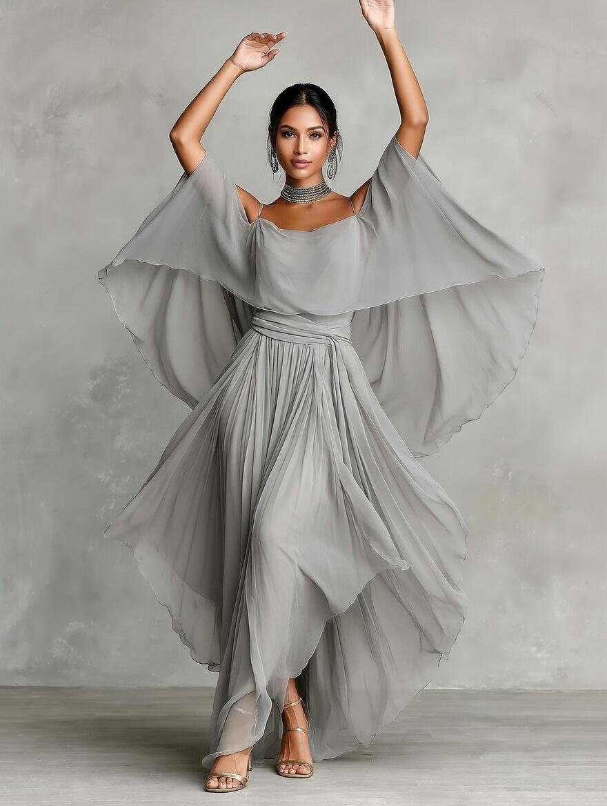 Women's Elegant 2 Piece Chiffon Pant Suit Set - Cold Shoulder Draped Top & Flowy Wide Leg Palazzo Pants Wedding Guest Outfit