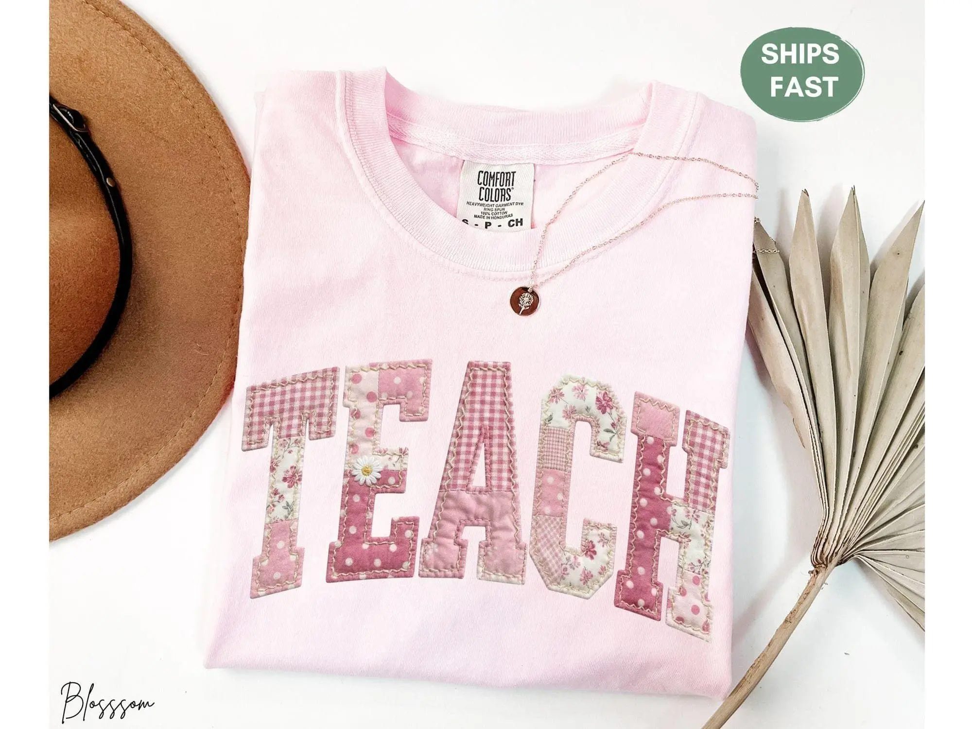 Teacher Comfort Colors Shirt, Pink Floral Teach Tee, Faux Patchwork Teacher Shirt Gift Idea