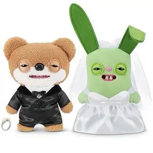 【Valentine's Day Limited Edition】Fuggler Wedding Day Plush Set - Adorable Bear Groom & Green Bunny Bride with Ring - Perfect for Weddings and Gifts