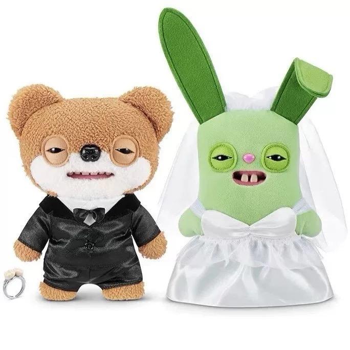 【Valentine's Day Limited Edition】Fuggler Wedding Day Plush Set - Adorable Bear Groom & Green Bunny Bride with Ring - Perfect for Weddings and Gifts
