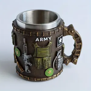Army Themed 3D Embossed Coffee Mug, Stainless Steel Lined Resin Beer Stein, Military Tactical Design Cup for Men & Collectors
