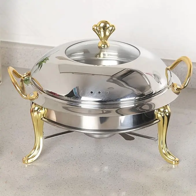 CNCEST Modern Circular Heavy-Duty Stainless Steel Chafing Dish Container - 2.5L Compact Cookware with Fuel Holder, Heat-Safe Pot for Buffet Use, Stainless Steel Pots