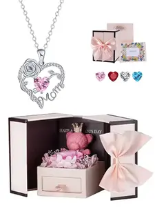 Rose Heart Mom Birthstone Necklace With Bear Rose Jewelry Gift Box, Jewelry Gift, I Love You Mom Necklace, Mother's Day Birthday Gift Jewelry, Gifts For Women, Necklace Set, Statement Necklace