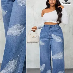 Slaydiva Plus Size Women Feather Pattern Pocket Wide Leg Loose Casual Jeans/Old Money Style/Women's Vintage Clothing/Women's Office Clothing/Business Casual Women's Wear
