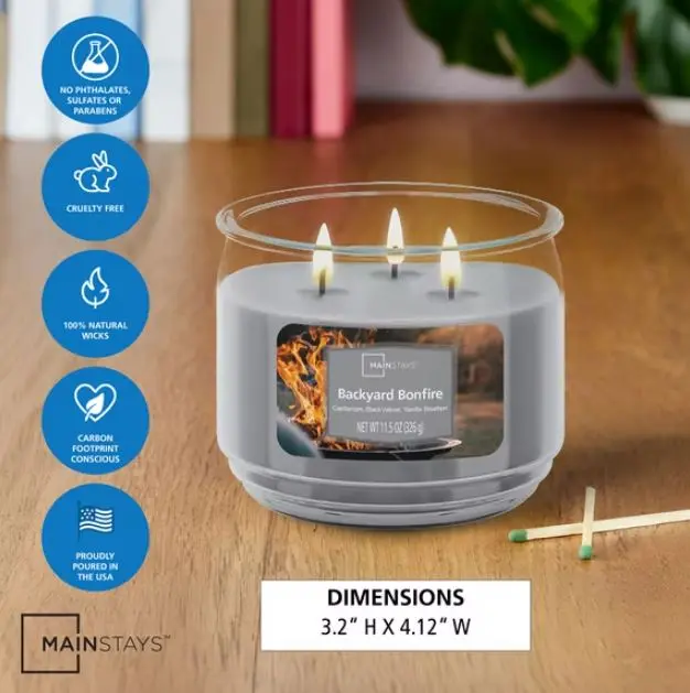 Mainstays 3-Wick Glass Jar Candle, 11.5 oz, Backyard Bonfire Scented
