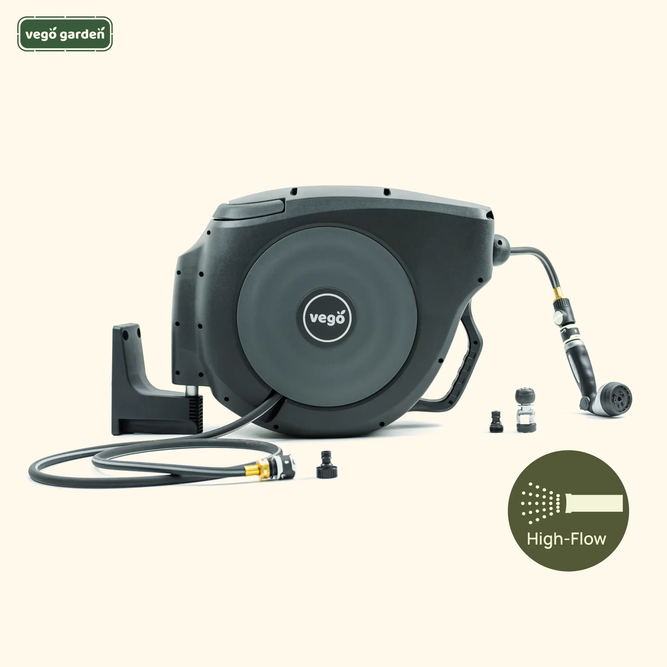Vego Garden Hi-Flow Retractable Hose Reel Set with Adjustable Sprinkler for Easy Garden Watering and Car Washing Vego Garden Hi-Flow Retractable Hose Reel Set with Adjustable Sprinkler for Easy Garden Watering and Car Washing