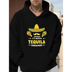 Plus Size Mexican Inspired Yellow Tequila Sombrero Hoodie with Bold Printed Slogan Casual Lightweight Summer Sweatshirt for Men