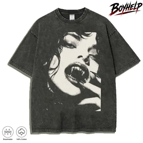 Men’s Vintage Halloween Washed Black T Shirt, Gothic Vampire Face Graphic Tee, Dark Horror Portrait Streetwear, Retro Creepy Aesthetic Oversized Shirt, Spooky Night Fashion Top, Distressed Cotton Graphic Tee, Alternative Style Fall Outfit Halloween p Crew