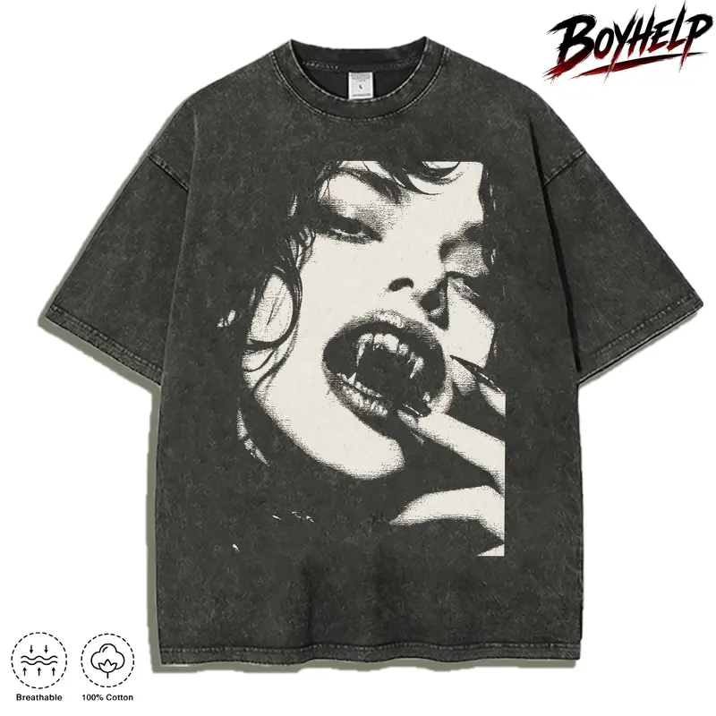 Men’s Vintage Halloween Washed Black T Shirt, Gothic Vampire Face Graphic Tee, Dark Horror Portrait Streetwear, Retro Creepy Aesthetic Oversized Shirt, Spooky Night Fashion Top, Distressed Cotton Graphic Tee, Alternative Style Fall Outfit Halloween p Crew