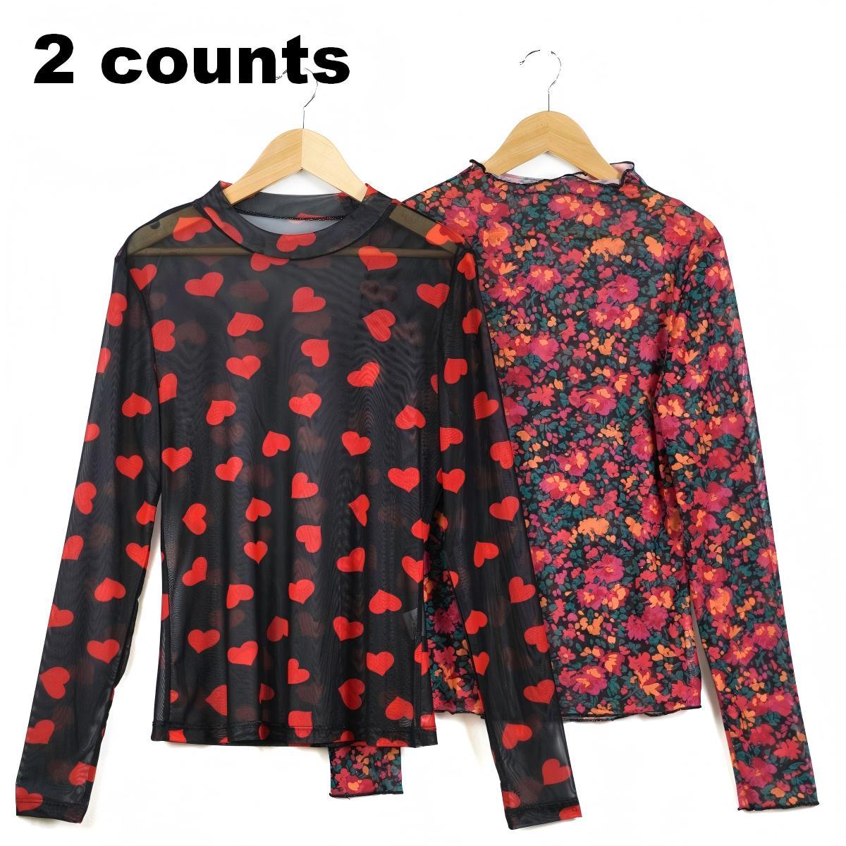 Znacicc Rose Print Mesh Top for Layering, Women's Slim Fit Mock Neck Long Sleeve Blouse , Perfect with Jeans & Jewelry for Going Out