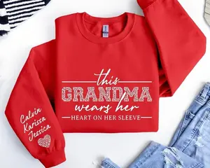 Custom Grandma Sweatshirt, This Grandma Wears Her Heart On Her Sleeve Sweater Custom With Kids Name On Sleeve, Grandma Sweater, Mothers Day Gift