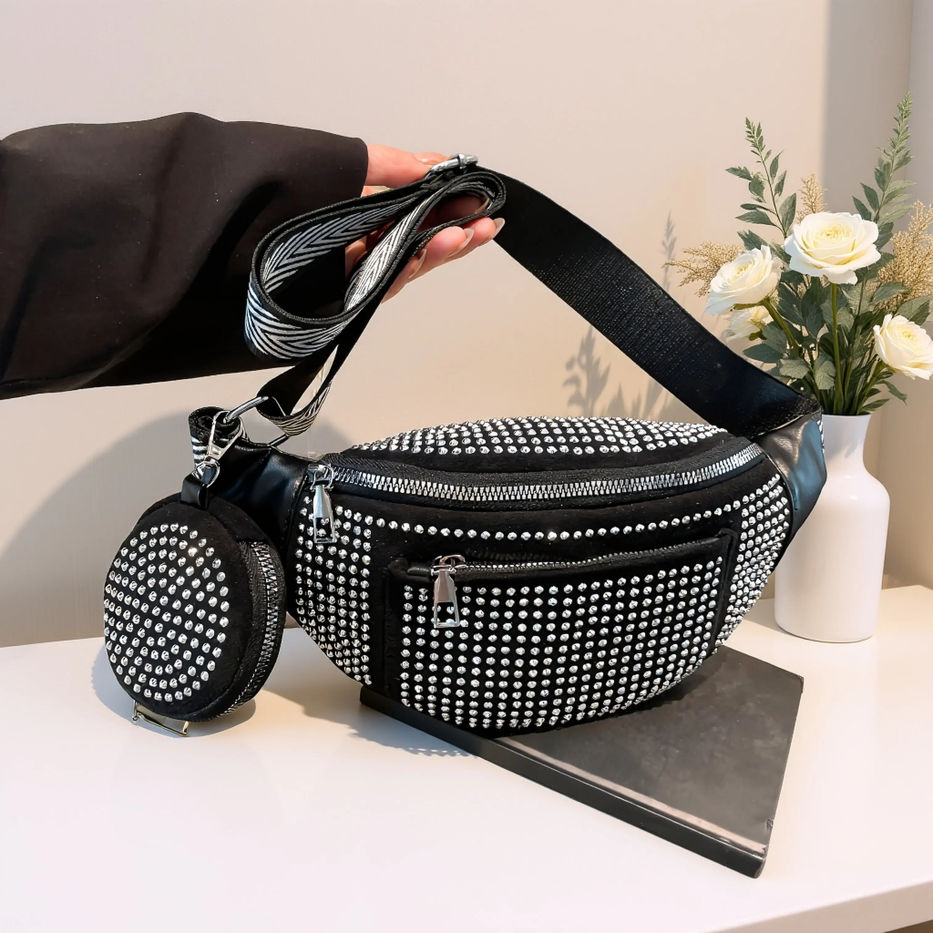2026 new fashion wide-strap rhinestone chest bag, shiny rhinestone new versatile lightweight chest bag for women, stylish simple niche design with high-quality texture, trendy and chic waist bag, comes with a small wallet