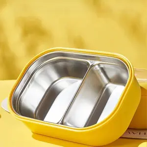 Cute Cartoon Theme Stainless Steel Bento Box with Smiley Lid, Leakproof Insulated Dual Compartment, Perfect for School and Office Lunches