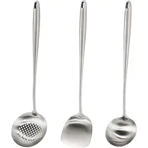 17" Wok Spatula and Ladle, Skimmer Spoon - High-Grade Stainless Steel Wok Tools Set - 3 count Extra Long Handle Heat-Resistant Wok Accessories, Chinese Wok Utensils