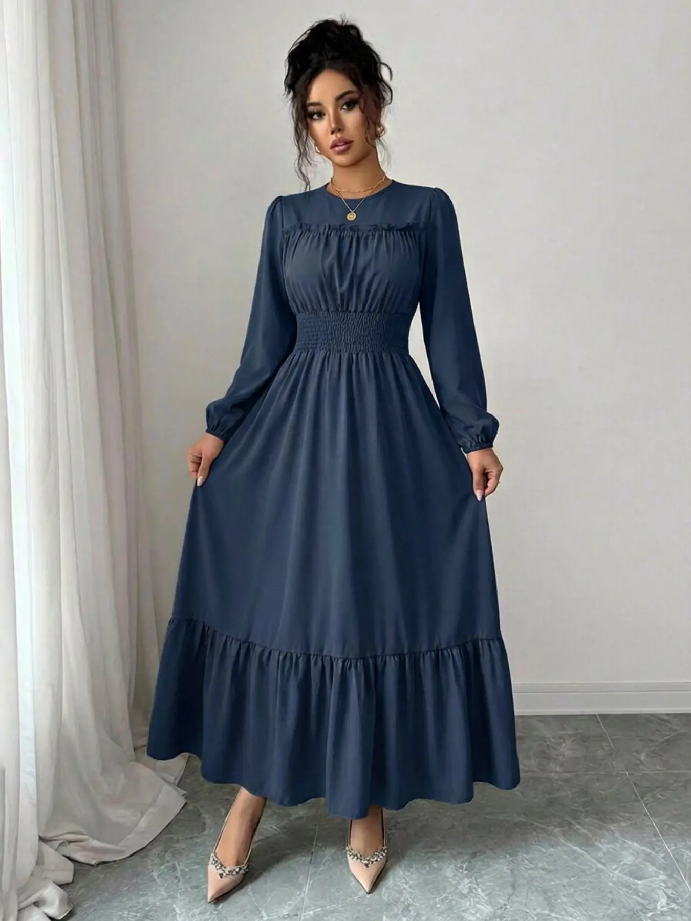 Women's Minimalist Casual Long Sleeve Midi Dress - Solid Round Neck, Smocked Waist, Lace Trim, Ruffle Hem (Dry Clean Only), Basic