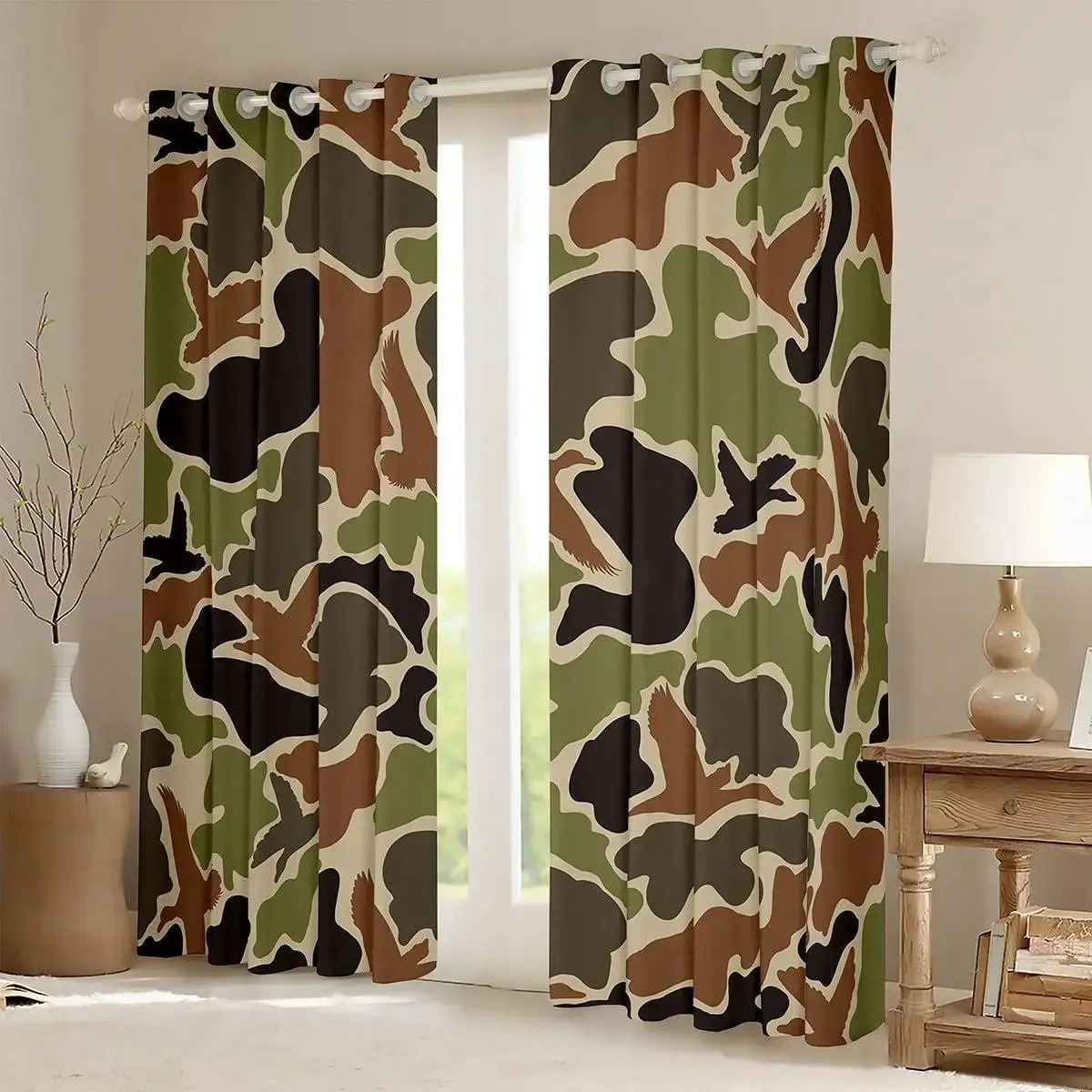 2 pieces, camouflage printed. Installed by perforation method. Digital printed Window Curtains, Window Drapes. Suitable for living room, closet, bedroom, study, dining room and home decoration.