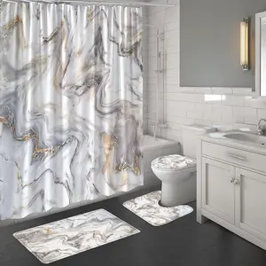 Marble Bathroom Sets with Shower Curtain and Rugs and Accessories, Abstract Grey Gold White, Modern, Gray Bathroom Decor Set