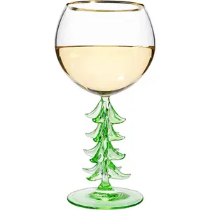 Crystal Winter Tree Stemmed Wine Glass - Green - 12oz Goblet Bordeaux Gold Rim Colored Glassware, Cheerful Party Festive New Year's Cheer for Winter Season Gift
