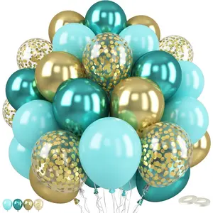 Teal Balloons,60 Pcs 12 Inches Metallic Green and Gold Blue Balloons with Confetti Balloons for Birthday Baby Shower, Jungle Theme Party Balloons,Wedding Decorations Supplies