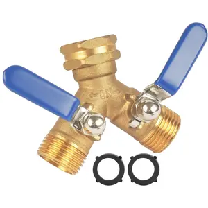 Bidirectional Heavy-Duty Full Flow Garden Hose Splitter, Large Easy-Handle, 3/4 Inch Brass, Outdoor Faucet Y Valve Connector